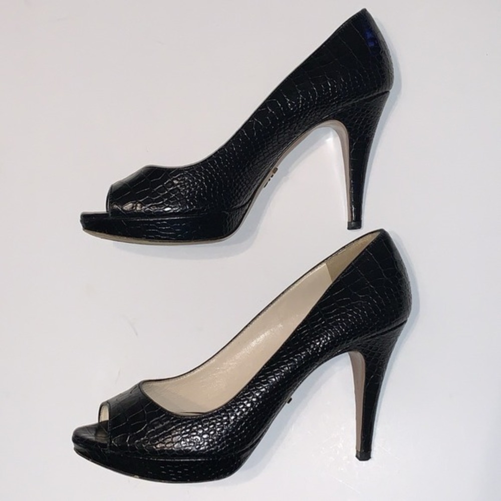 Vtg Prada Sz 36.5 Black Crocodile Embossed Leather Peep Toe Platform Pumps Heels - Picture 8 of 16